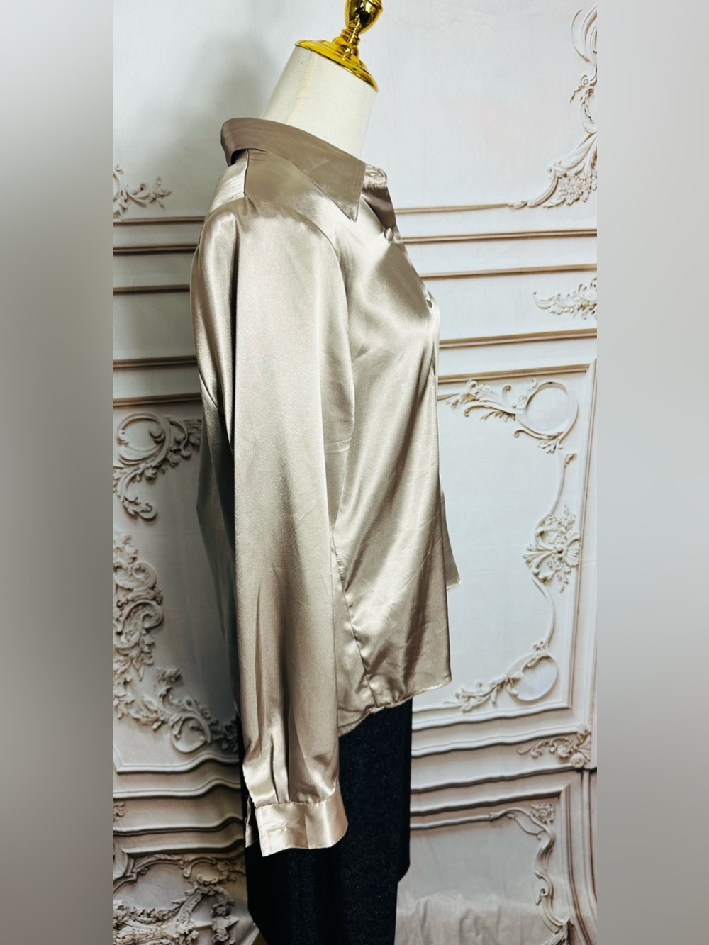 Satin Button-Down Blouse - Taupe - Picture 8 of 11